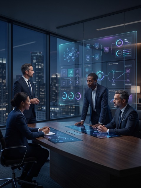 Ejecutivos discutiendo la implementación estratégica de Inteligencia Artificial en un entorno corporativo refinado.