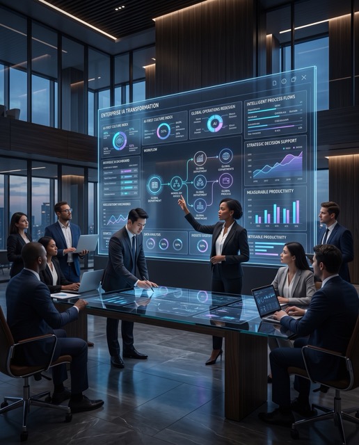Líderes corporativos analizando paneles estratégicos de Inteligencia Artificial en un entorno empresarial sofisticado.