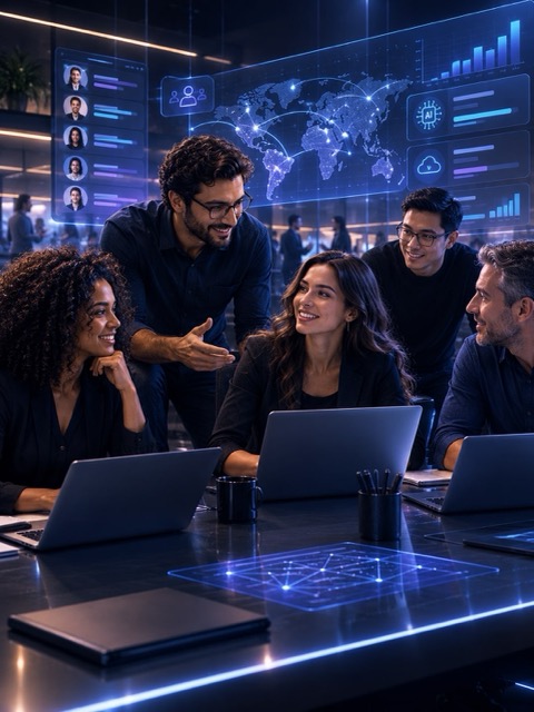 Grupo de especialistas en Inteligencia Artificial en un entorno de red digital sofisticado.
