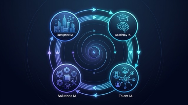 Diagrama circular que conecta Academy IA, Talent IA, Solutions IA y Enterprise IA en movimiento continuo.