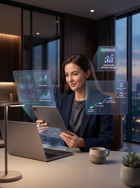 Profesional con confianza en un espacio de trabajo premium, potenciado por herramientas de Inteligencia Artificial.