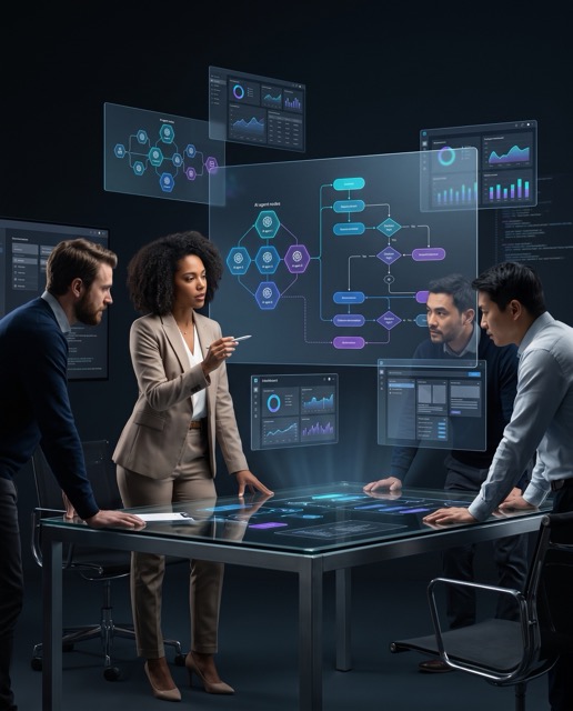 Especialistas diseñando sistemas, agentes y automatizaciones de Inteligencia Artificial en un espacio de trabajo moderno.